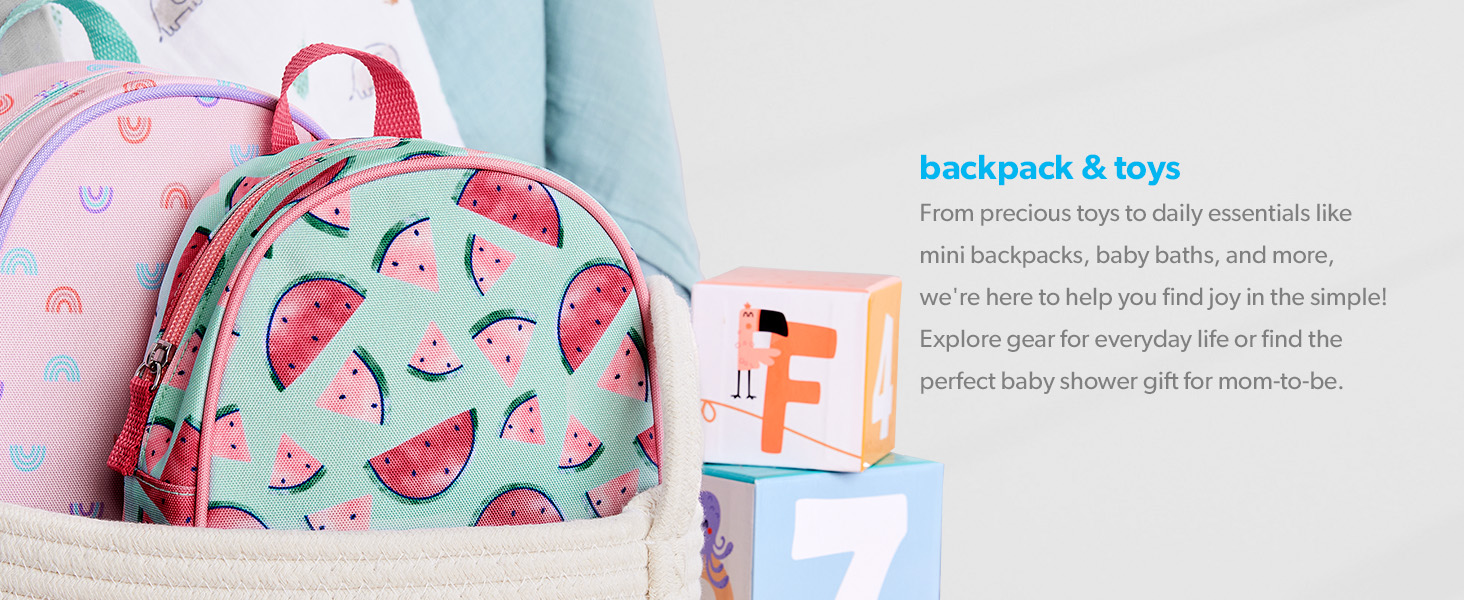 a pink mini backpack with rainbows and a teal mini backpack with watermelons printed