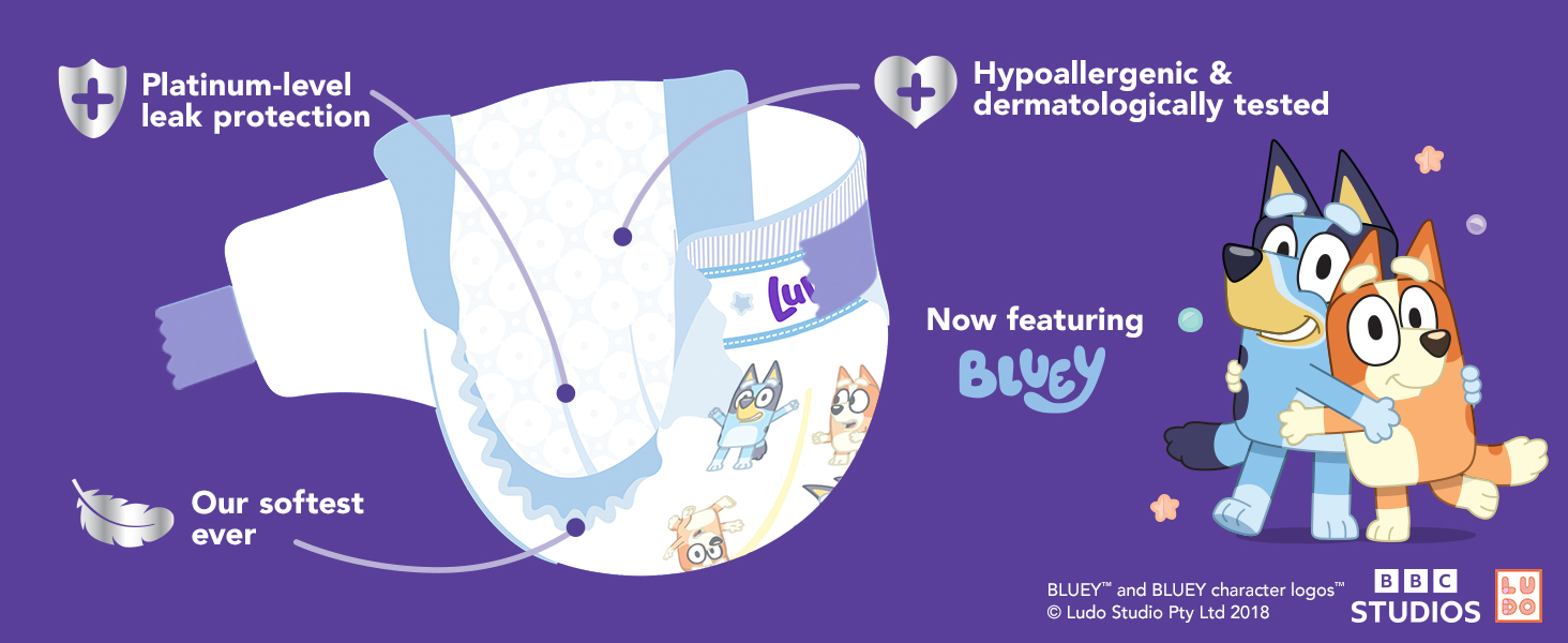 Platinum-level leak protection. softest ever. With Bluey. Hypoallergenic and dermatologically tested