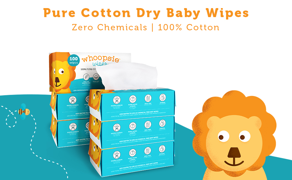 Pure dry baby wipes made with 100% cotton and zero chemicals