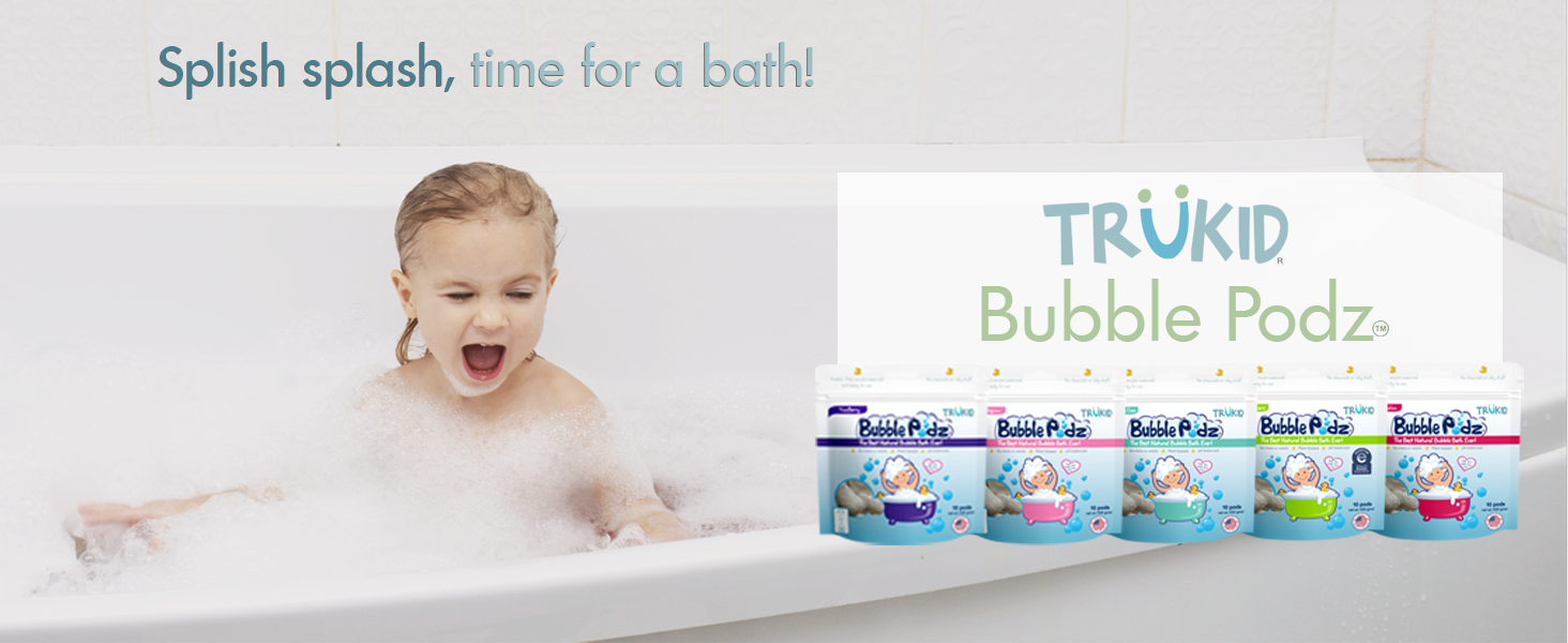 Happy baby having a bubble bath with Trukid Bubble Podz. Splish splash time for a bath!